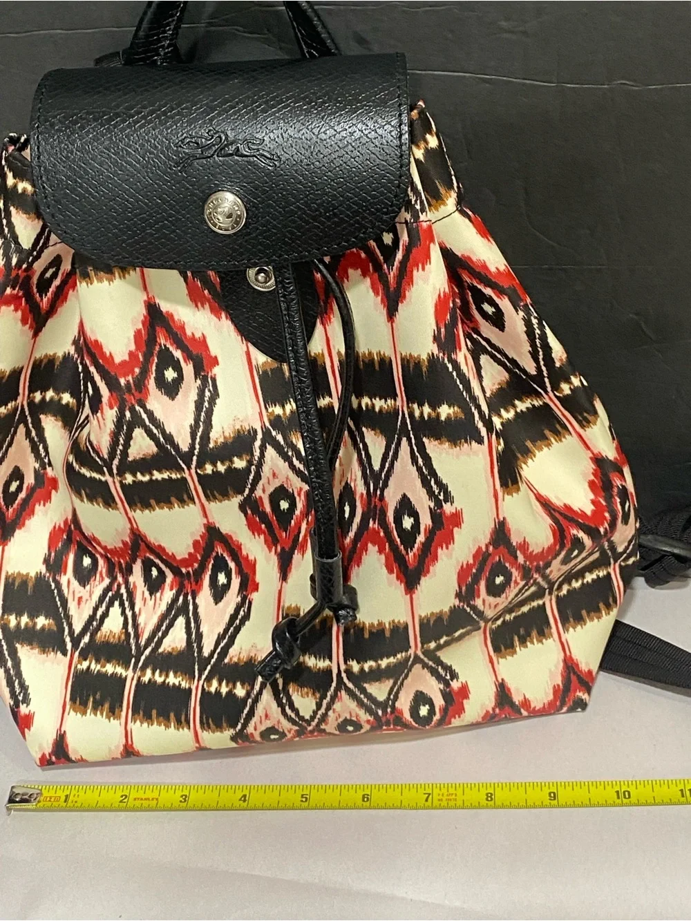 AUTHENTIC LONGCHAMP LE PLIAGE 'IKAT' PRINT BACKPACK - IVORY RED BLACK